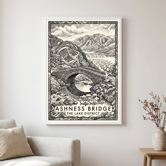 Ashness Bridge travel poster in a white frame, hanging in a living2