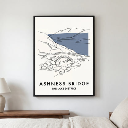 Ashness Bridge travel poster in a black frame, hanging in a bedroom3