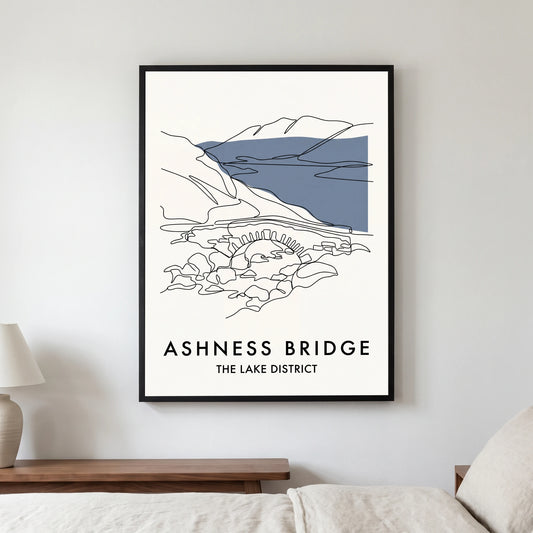Ashness Bridge travel poster in a black frame, hanging in a bedroom3