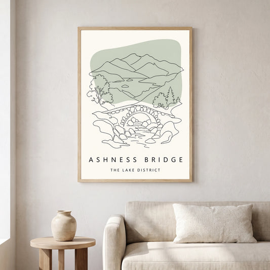Ashness Bridge travel poster in a natural frame, hanging in a living