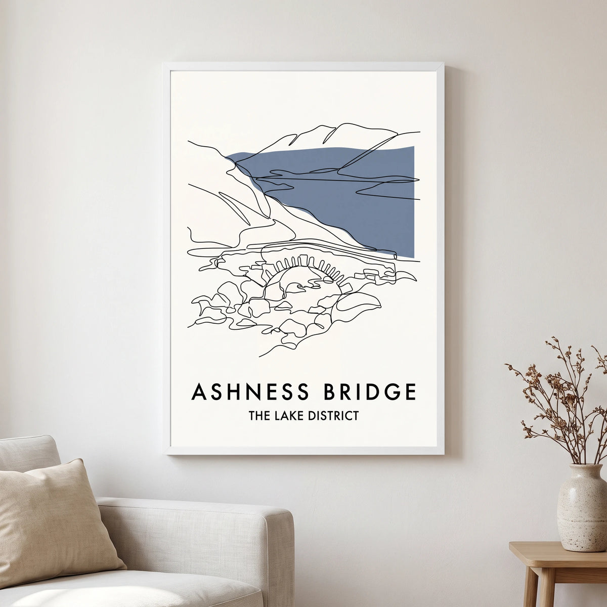 Ashness Bridge travel poster in a white frame, hanging in a living2