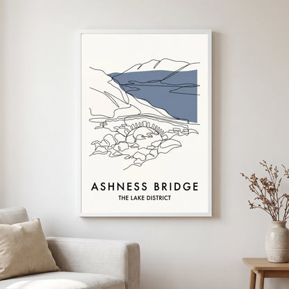 Ashness Bridge travel poster in a white frame, hanging in a living2