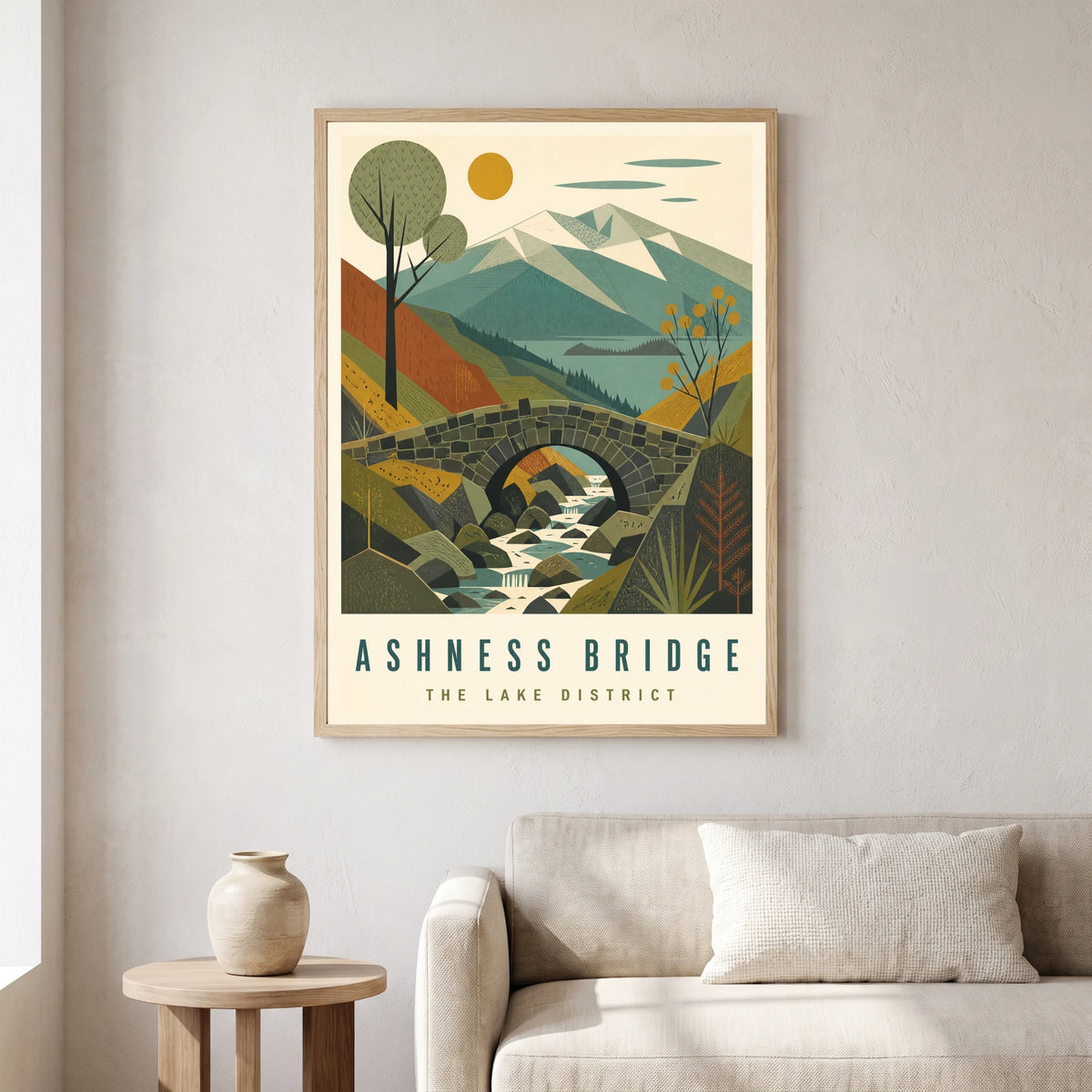 Ashness Bridge travel poster in a natural frame, hanging in a living
