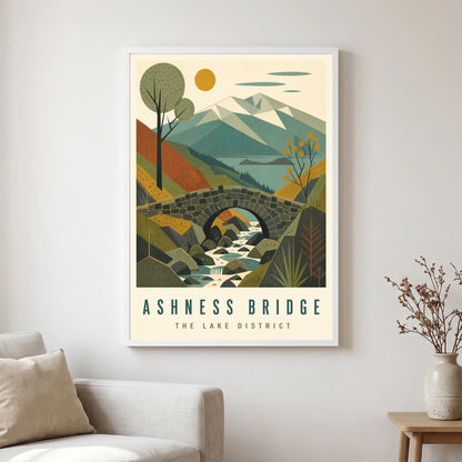 Ashness Bridge travel poster in a white frame, hanging in a living2
