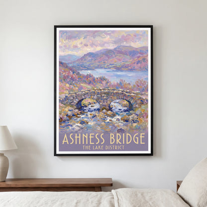 Ashness Bridge travel poster in a black frame, hanging in a bedroom3