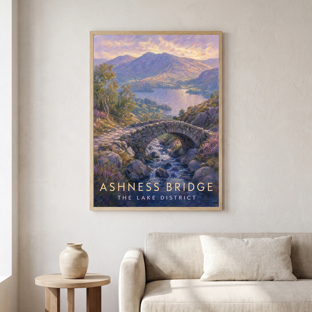 Ashness Bridge travel poster in a natural frame, hanging in a living