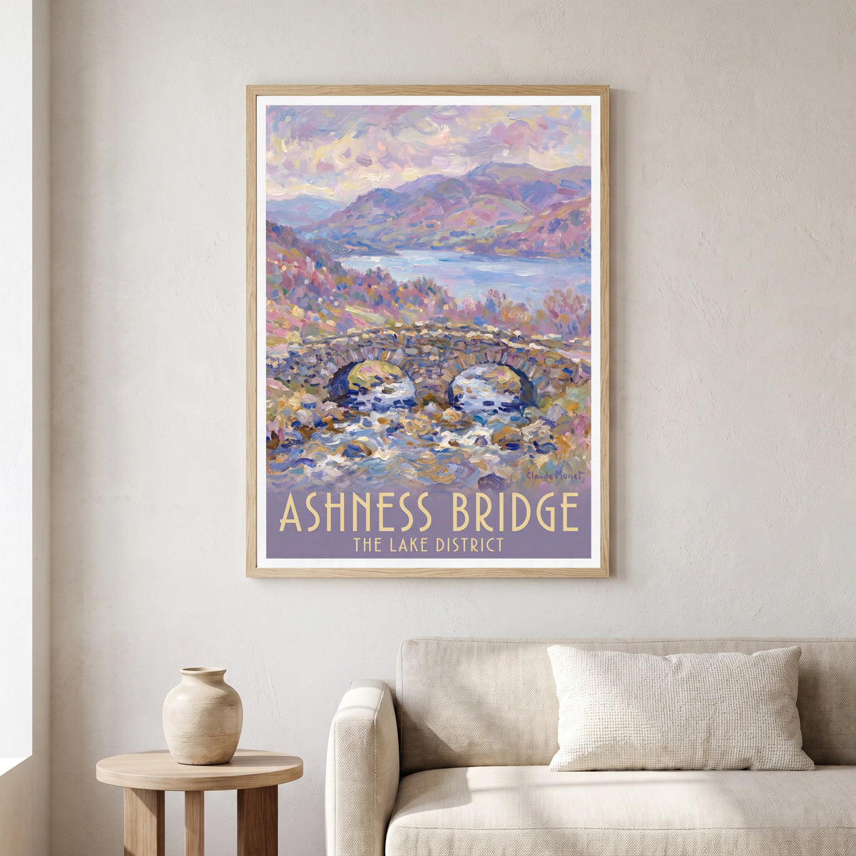 Ashness Bridge travel poster in a natural frame, hanging in a living