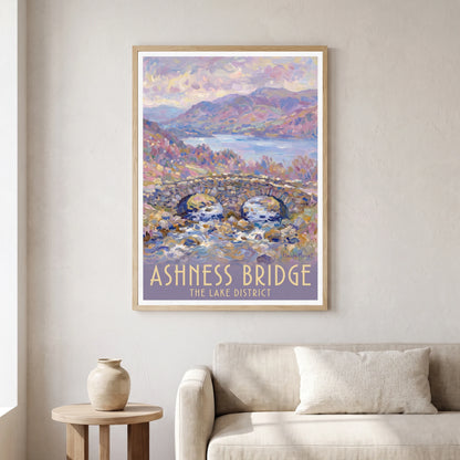 Ashness Bridge travel poster in a natural frame, hanging in a living
