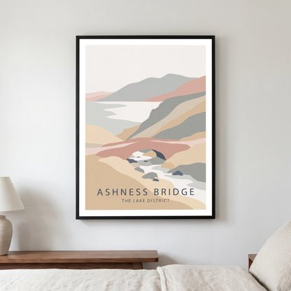 Ashness Bridge travel poster in a black frame, hanging in a bedroom3
