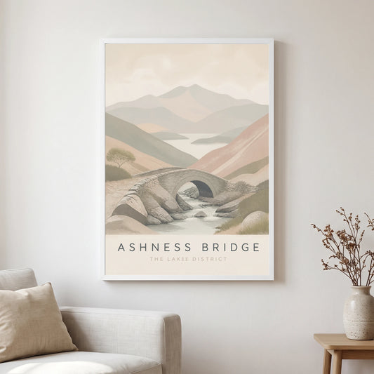 Ashness Bridge travel poster in a white frame, hanging in a living2