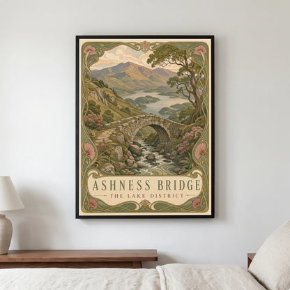 Ashness Bridge travel poster in a black frame, hanging in a bedroom3