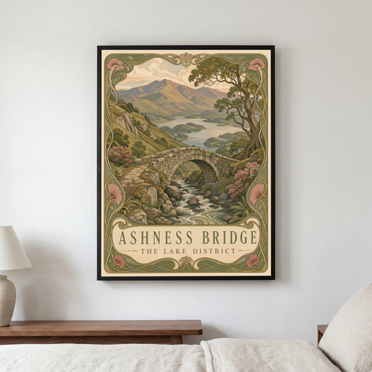 Ashness Bridge travel poster in a black frame, hanging in a bedroom3