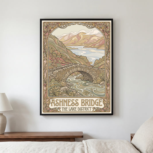 Ashness Bridge travel poster in a black frame, hanging in a bedroom3