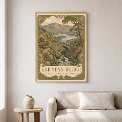 Ashness Bridge travel poster in a natural frame, hanging in a living