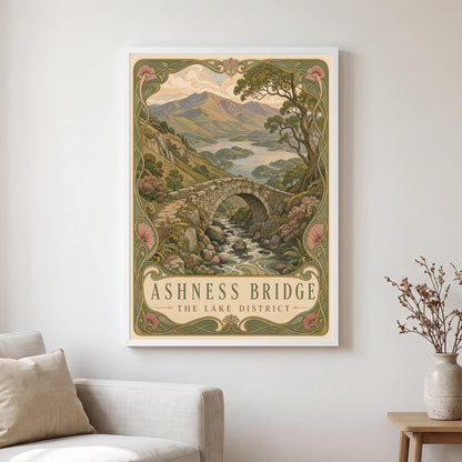Ashness Bridge travel poster in a white frame, hanging in a living2