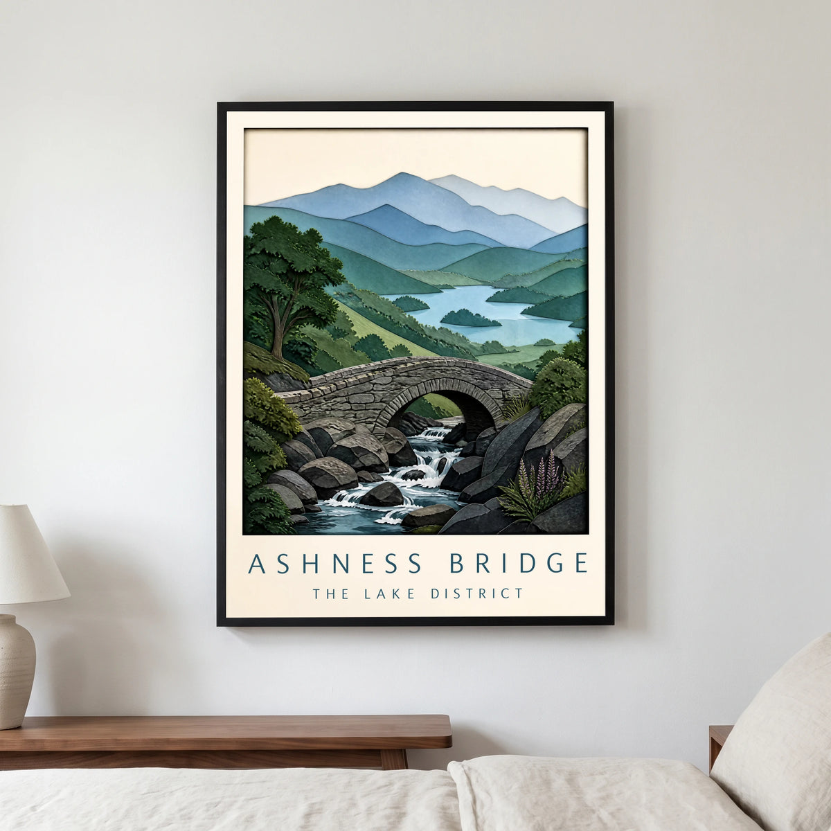 Ashness Bridge travel poster in a black frame, hanging in a bedroom3
