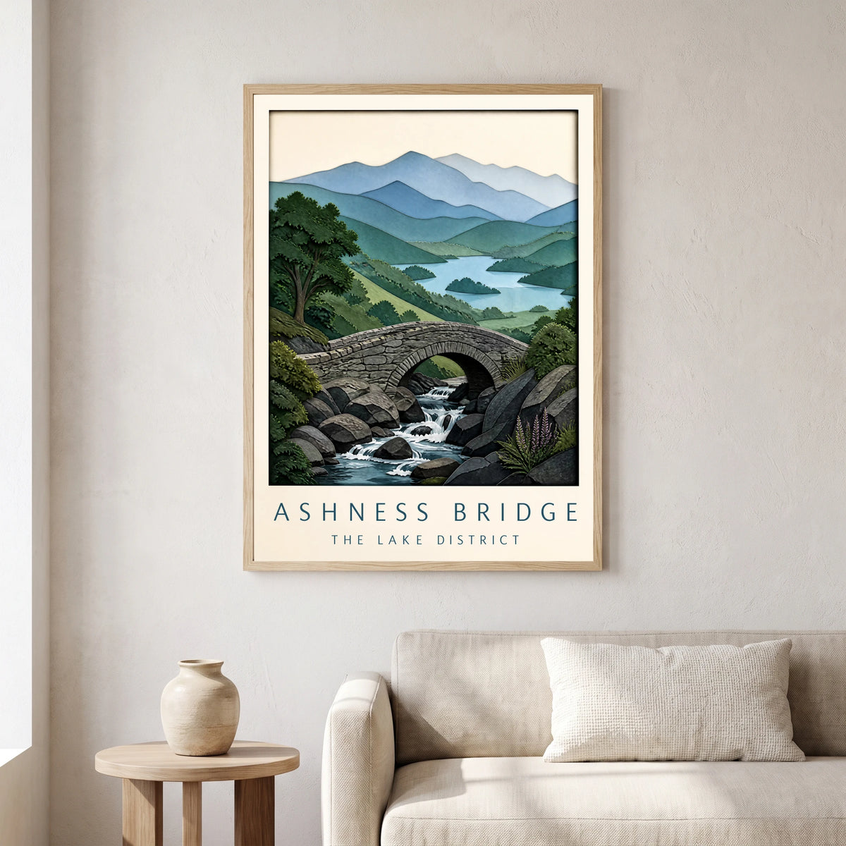 Ashness Bridge travel poster in a natural frame, hanging in a living