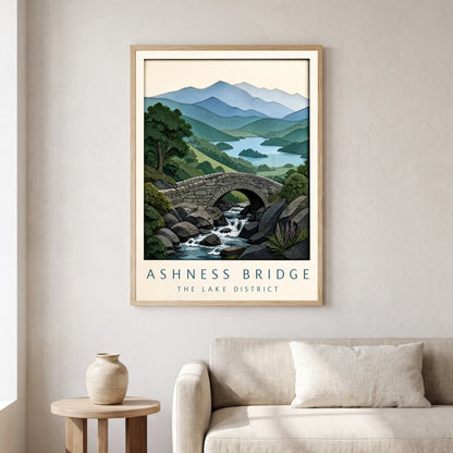 Ashness Bridge travel poster in a natural frame, hanging in a living