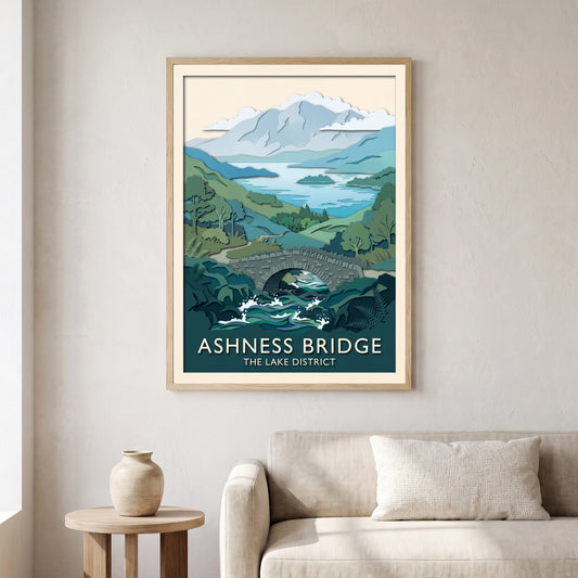Ashness Bridge travel poster in a natural frame, hanging in a living