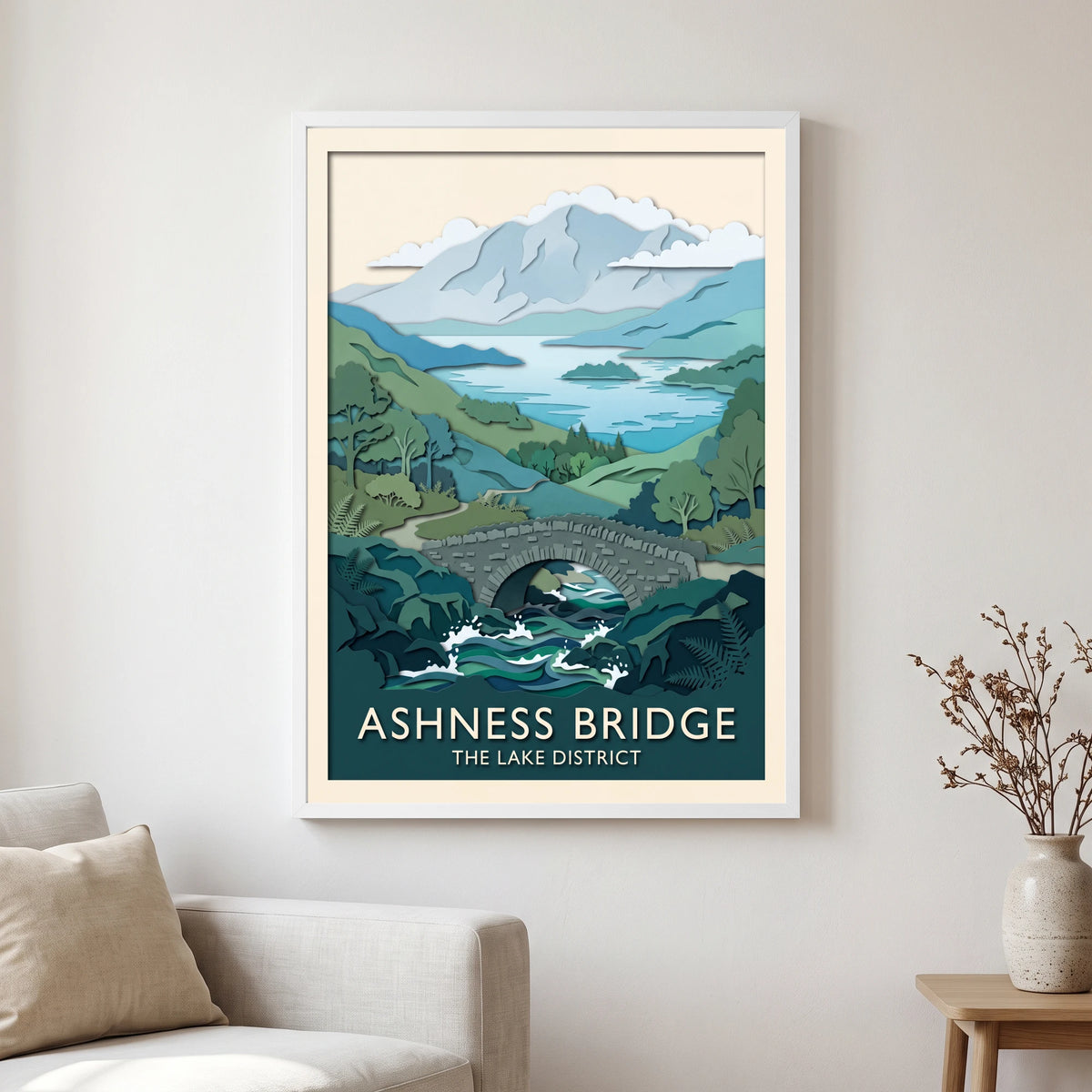 Ashness Bridge travel poster in a white frame, hanging in a living2