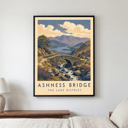 Ashness Bridge travel poster in a black frame, hanging in a bedroom3