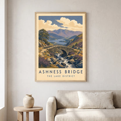 Ashness Bridge travel poster in a natural frame, hanging in a living