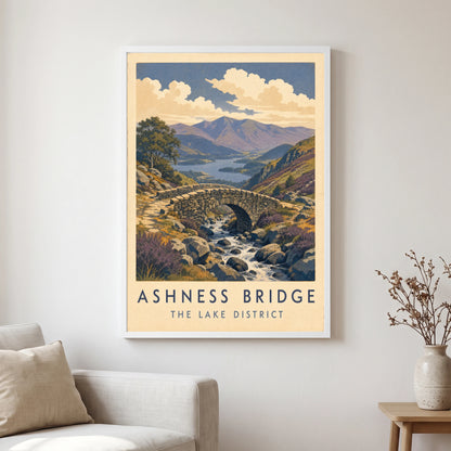 Ashness Bridge travel poster in a white frame, hanging in a living2