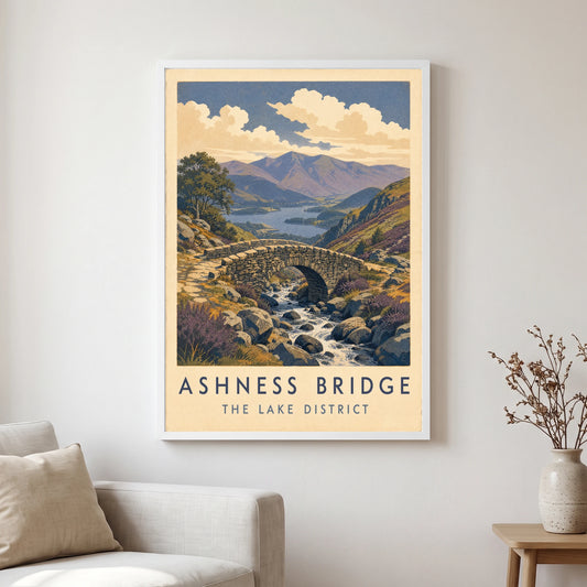 Ashness Bridge travel poster in a white frame, hanging in a living2
