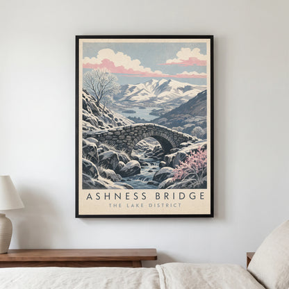 Ashness Bridge travel poster in a black frame, hanging in a bedroom3