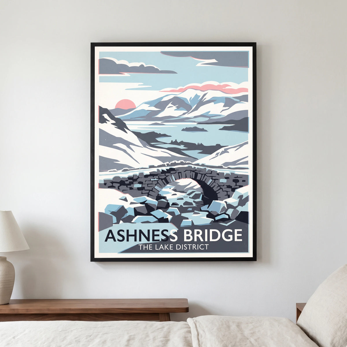 Ashness Bridge travel poster in a black frame, hanging in a bedroom3