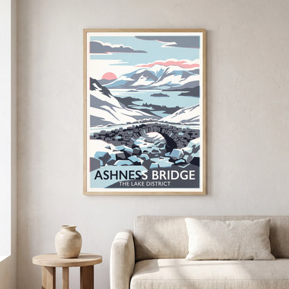 Ashness Bridge travel poster in a natural frame, hanging in a living