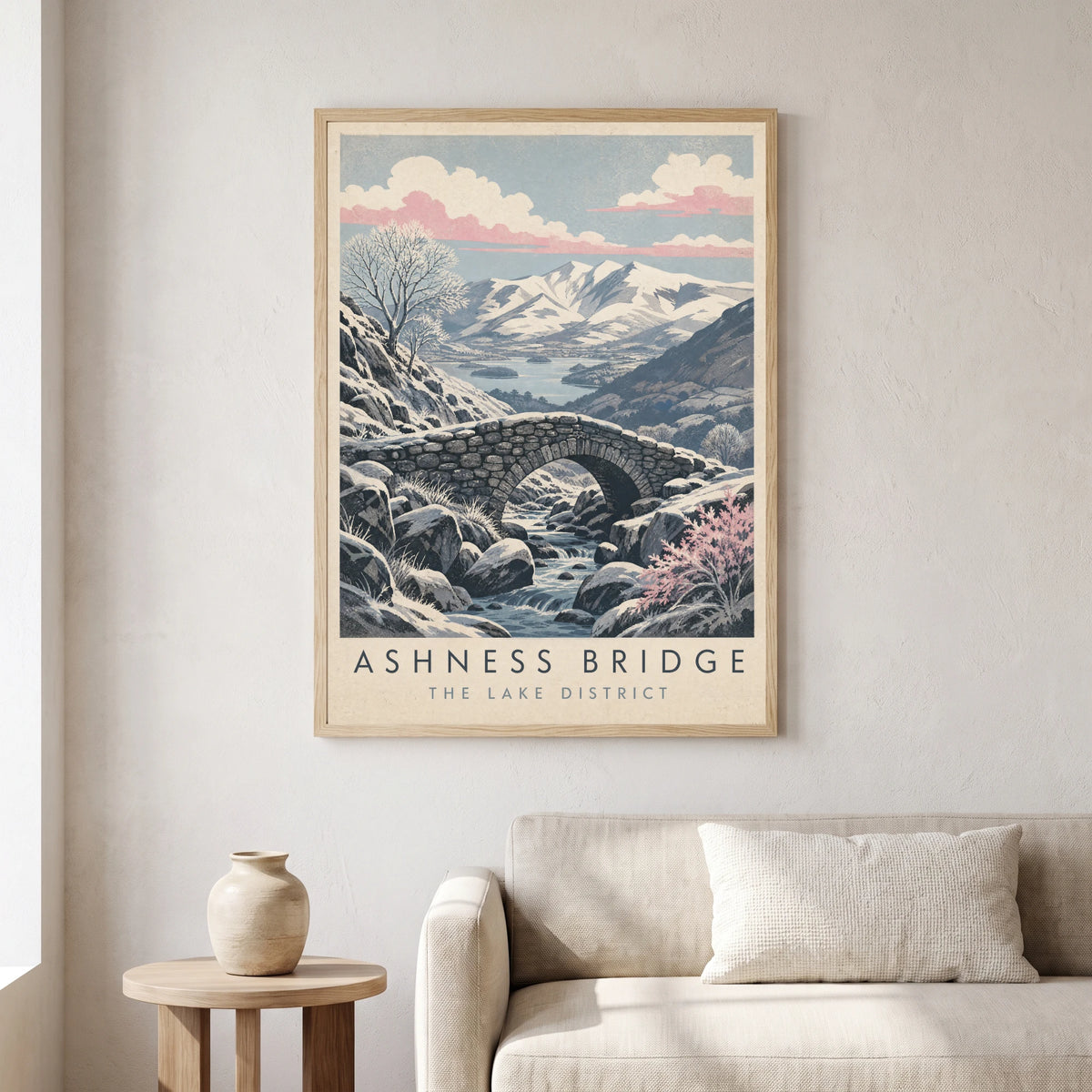 Ashness Bridge travel poster in a natural frame, hanging in a living