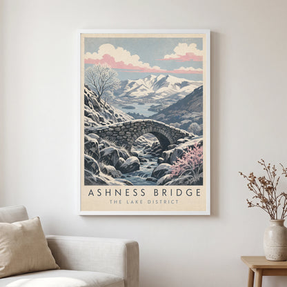 Ashness Bridge travel poster in a white frame, hanging in a living2