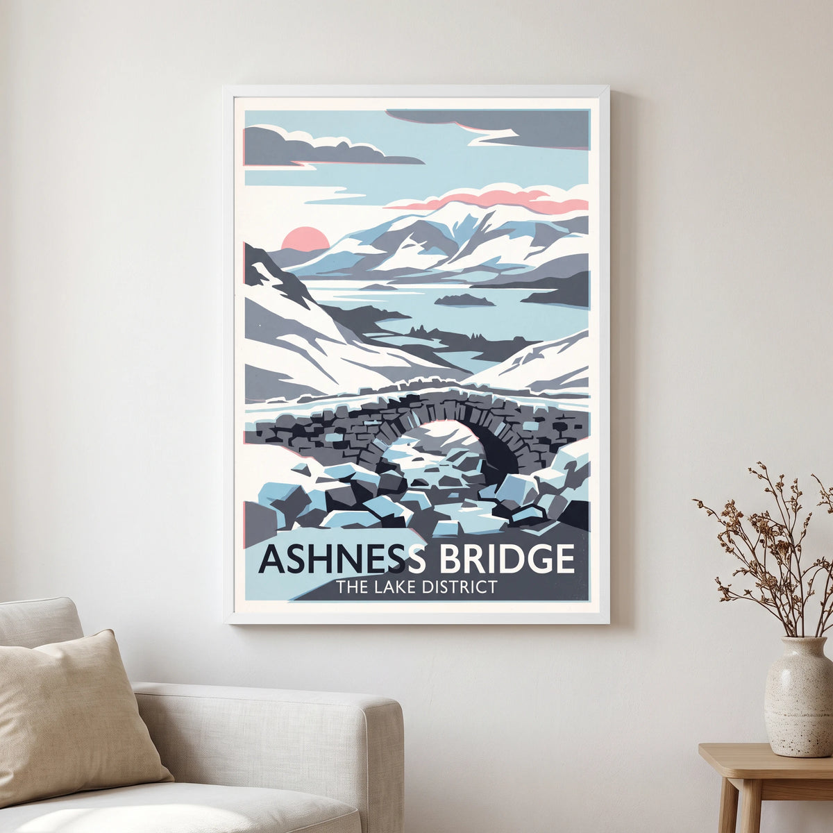 Ashness Bridge travel poster in a white frame, hanging in a living2