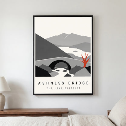 Ashness Bridge travel poster in a black frame, hanging in a bedroom3