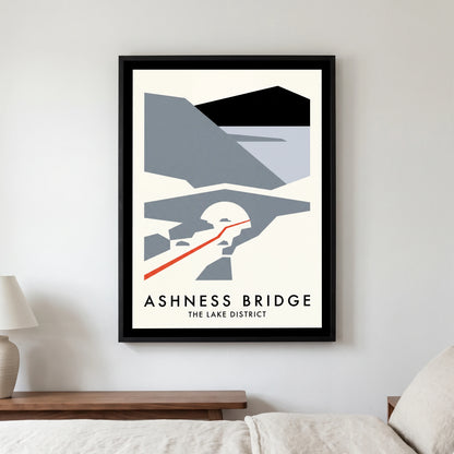 Ashness Bridge travel poster in a black frame, hanging in a bedroom3