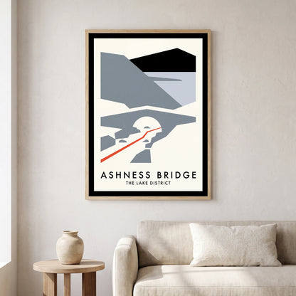 Ashness Bridge travel poster in a natural frame, hanging in a living