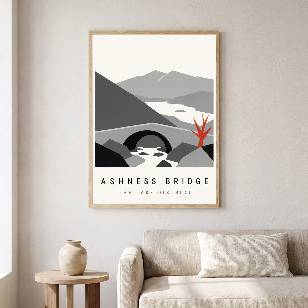 Ashness Bridge travel poster in a natural frame, hanging in a living
