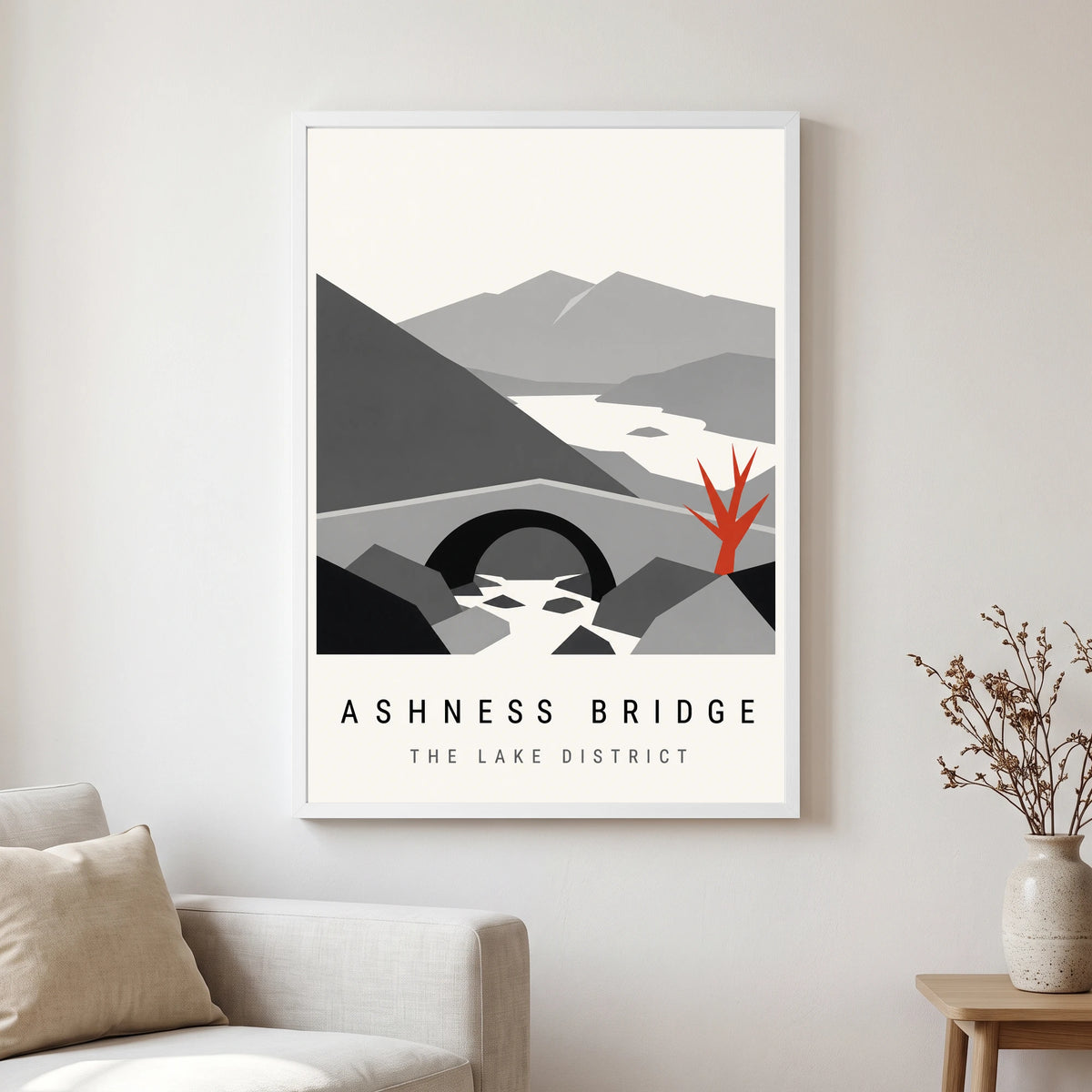 Ashness Bridge travel poster in a white frame, hanging in a living2