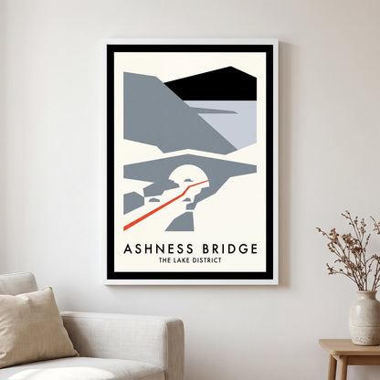 Ashness Bridge travel poster in a white frame, hanging in a living2