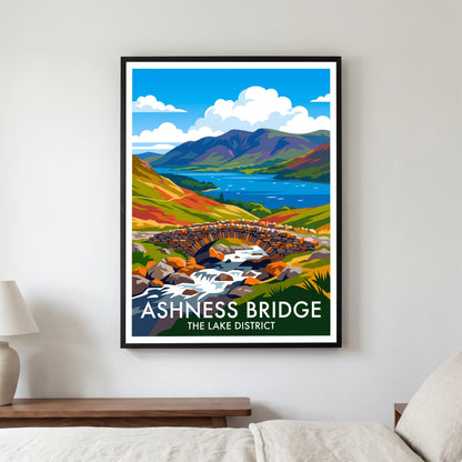 Ashness Bridge travel poster in a black frame, hanging in a bedroom3