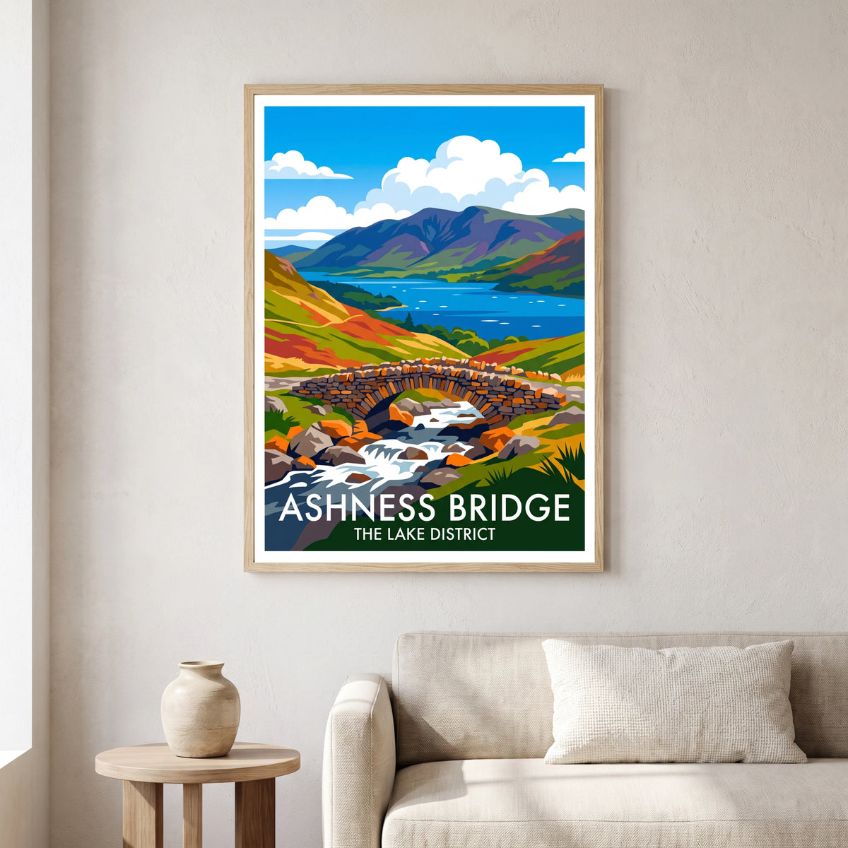 Ashness Bridge travel poster in a natural frame, hanging in a living