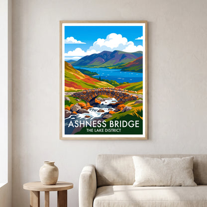 Ashness Bridge travel poster in a natural frame, hanging in a living