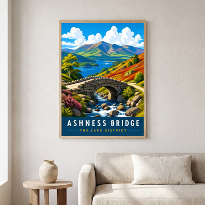 Ashness Bridge travel poster in a natural frame, hanging in a living