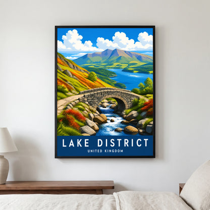 Ashness Bridge travel poster in a black frame, hanging in a bedroom3