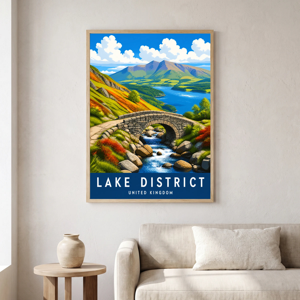 Ashness Bridge travel poster in a natural frame, hanging in a living