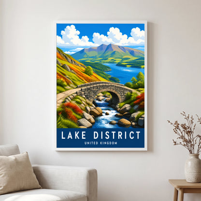 Ashness Bridge travel poster in a white frame, hanging in a living2