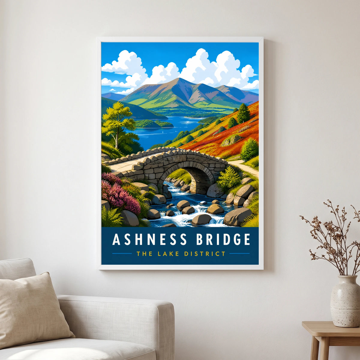 Ashness Bridge travel poster in a white frame, hanging in a living2