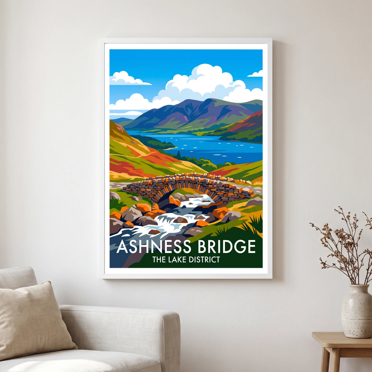 Ashness Bridge travel poster in a white frame, hanging in a living2