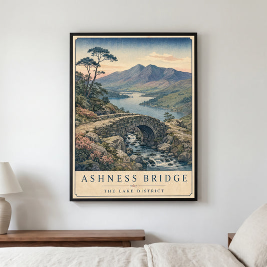 Ashness Bridge travel poster in a black frame, hanging in a bedroom3